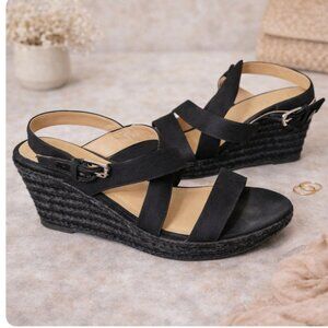 Lauren Ralph Lauren Black Wedge Sandals Ankle Strap Espadrille Size 8.5